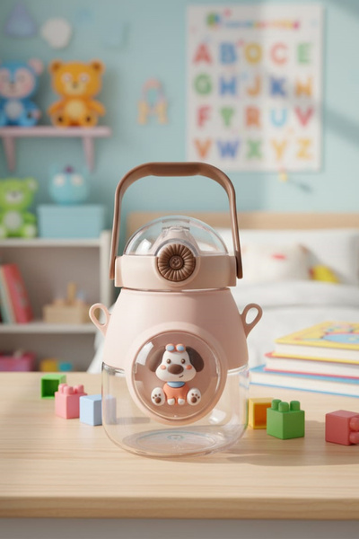 krommet Sevimli Figürlü Pipetli Boyun Askılı Matara Otomatik Kapaklı Çocuk Ma...