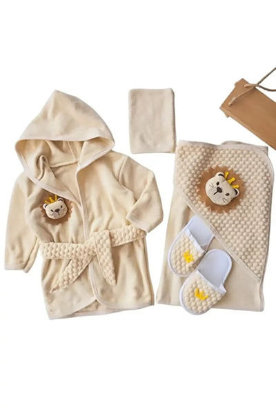 Baby Maa Lion King Patterned Bathrobe Set 4 Pieces (Bathrobe, Towel, Slippers, Bathrobe Belt)