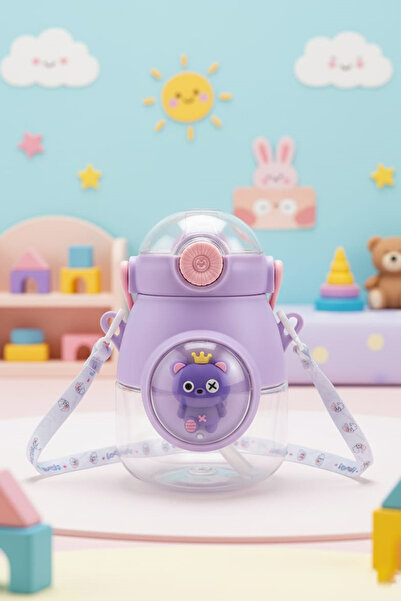 krommet Sevimli Figürlü Pipetli Boyun Askılı Matara Otomatik Kapaklı Çocuk Ma...