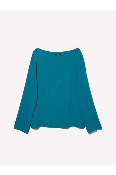 Sisley Kdn_100% Viscose Relaxed Fit Side Slit Boat Neck Blouse Women's Emerald Green Blouse - 324A5Zmzlq0