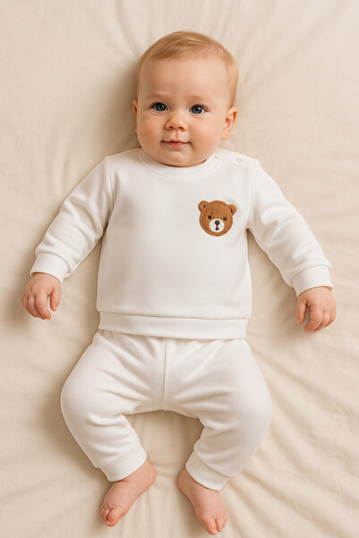 eradkids Organic Cotton Teddy Bear Detailed Baby Top and Bottom Set / Baby Two-Piece Set