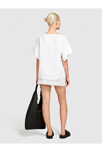 Sisley 100% Linen Relaxed Fit Boat Neck Blouse Women's White Blouse - 324P5Bmllq06R