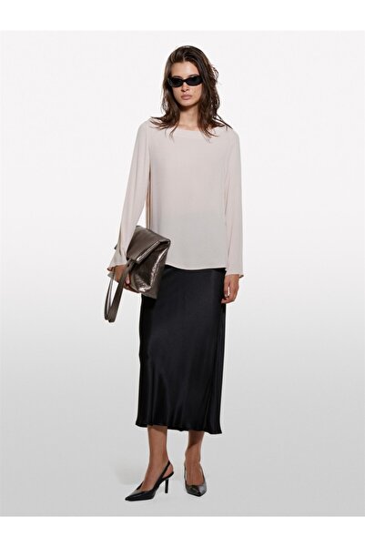 Sisley Kdn_100% Viscose Relaxed Fit Side Slit Boat Neck Blouse Women's Powder Blouse - 324A5Zmzlq07S