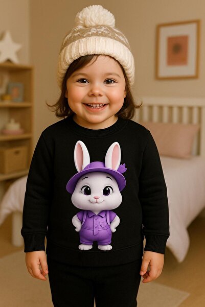 playwear 3 İPLİK PENYE ÇOCUK UNİSEX ELBİSE GİYMİŞ TAVŞAN DESENLİ SWEATSHİRT 3...