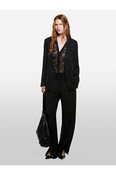 Sisley Viscose Lyocell Blend Lined Flap Collar Jacket Women's Black Jacket - 324A23Melw02A