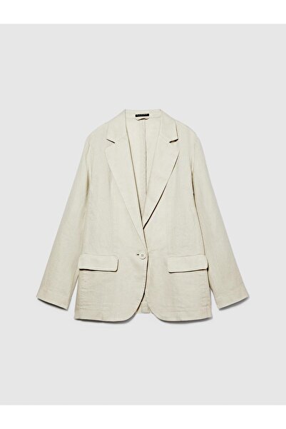 Sisley سترة نسائية بتصميم جيب مغطى بالكتان 100%، سترة رمادية بزر واحد - 324P2AGHLW019