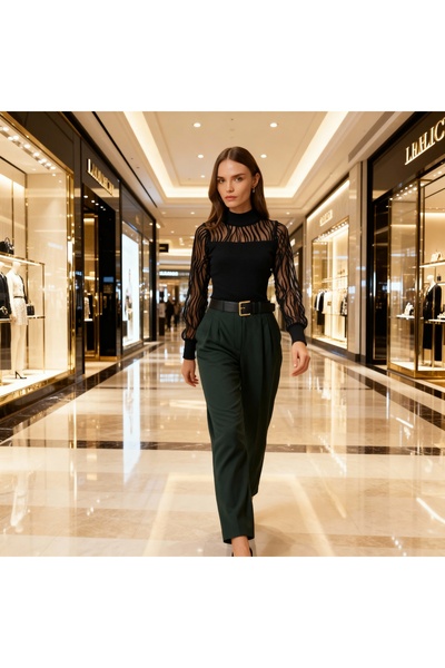 STYLENEST Women's Black Patterned Tulle Detailed Balloon Sleeve Corded Fabric Knitted Blouse