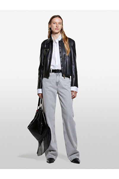 Sisley Viscose Blended Leather-Look Zippered Regular Fit Jacket Women's Black Jacket - 325A20Bzln05T