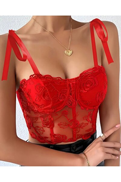 GB Üstü Çiçek Desenli Şık Kırmızı Dantel Korse