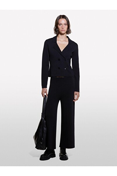 Sisley سترة بأزرار على الجهتين ذات ياقة مسننة بأربعة أزرار مع خليط لزج، سترة نسائية سوداء - 324A112AM601Y