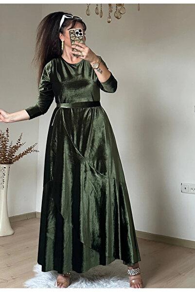 AZRA BUTİK Flounce Ruffled Velvet Dress Khaki