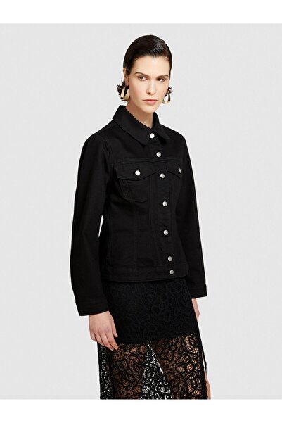 Sisley Cotton Blend Patch Pocket Snap Button Denim Jacket Women's Black Jacket - 324P2Tlaln04A