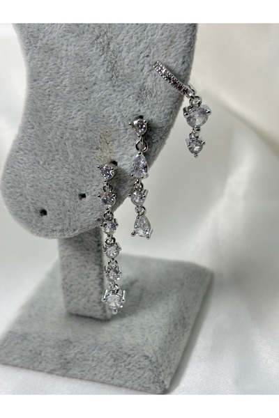 Uzak Işıklar Steel Earrings with Dangling Zircon Stones, Set of Three, Silver