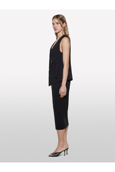 Sisley Belt Detailed Buttoned Pocket V-Neck Vest Women's Black Vest - 325P21H1Lj00T