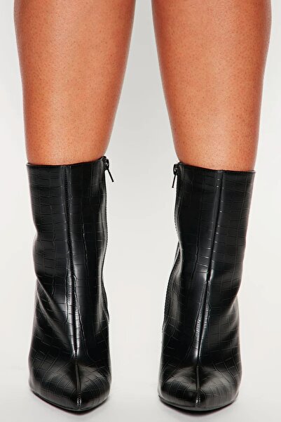 TrendyAnka Kadın Timsah Hayvan Desenli Krokodil İnce 8 Cm Topuklu Yandan Fermuarlı Bot Siyah