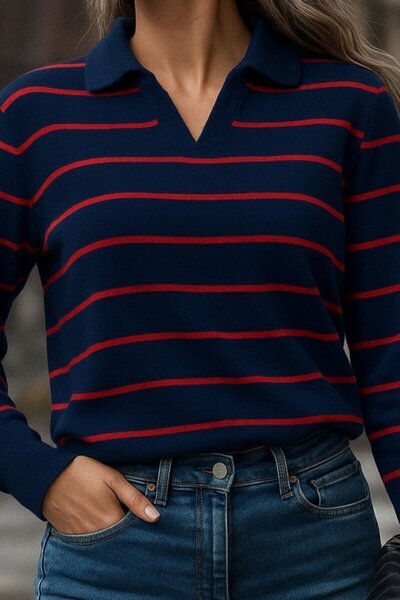 buğrahayalin    Women's Long Sleeve V-Neck Striped Knitwear Blouse