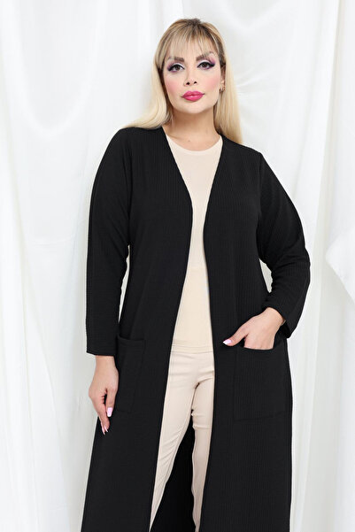 MELSAY Women's Black Textured Knitted Fabric Plus Size Long Cardigan