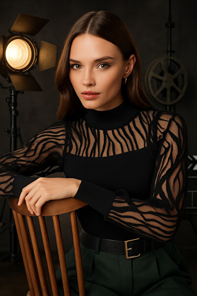 STYLENEST Women's Black Patterned Tulle Detailed Balloon Sleeve Corded Fabric Knitted Blouse