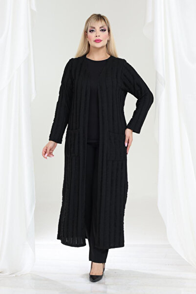 MELSAY Women's Black Knitted Pattern Plus Size Long Cardigan