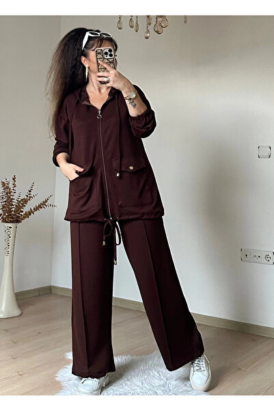 AZRA BUTİK Zippered Sports Suit Bitter Brown