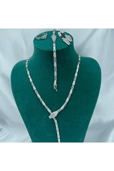 Amora Perla Jewelry Yılan Model Taşlı Gümüş Takım Set – 925 Ayar, 14 Beyaz Al...