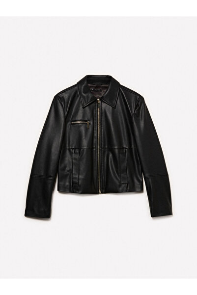 Sisley Viscose Blended Leather-Look Zippered Regular Fit Jacket Women's Black Jacket - 325A20Bzln05T