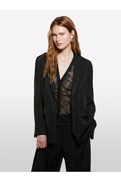 Sisley Viscose Lyocell Blend Lined Flap Collar Jacket Women's Black Jacket - 324A23Melw02A