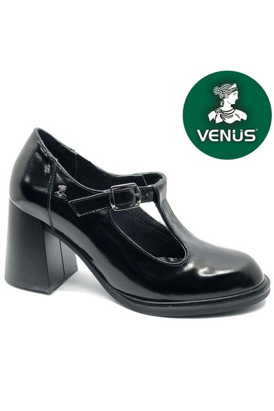 Venüs حذاء Amitar ذو الكعب الكلاسيكي المريح للنساء من الجلد الطبيعي باللون الأسود اللامع