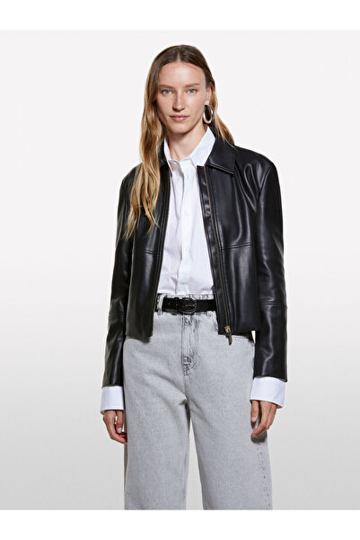 Sisley Viscose Blended Leather-Look Zippered Regular Fit Jacket Women's Black Jacket - 325A20Bzln05T