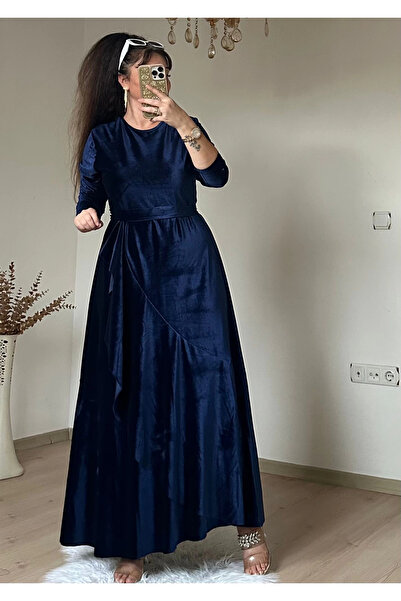 AZRA BUTİK Flounce Ruffled Velvet Dress Navy Blue
