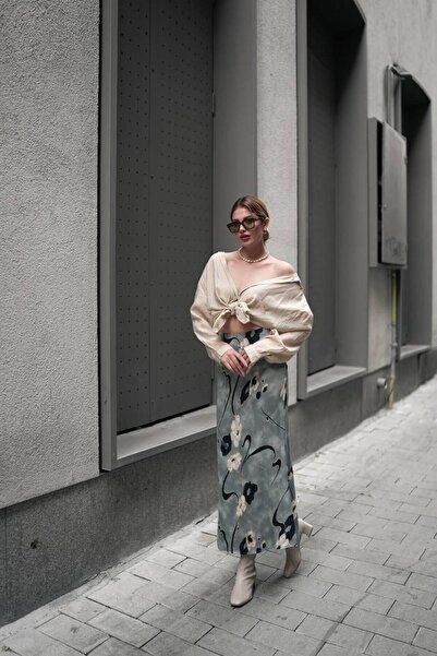 winmoda Patterned Long Satin Skirt - Satin Skirt - Patterned Satin Skirt