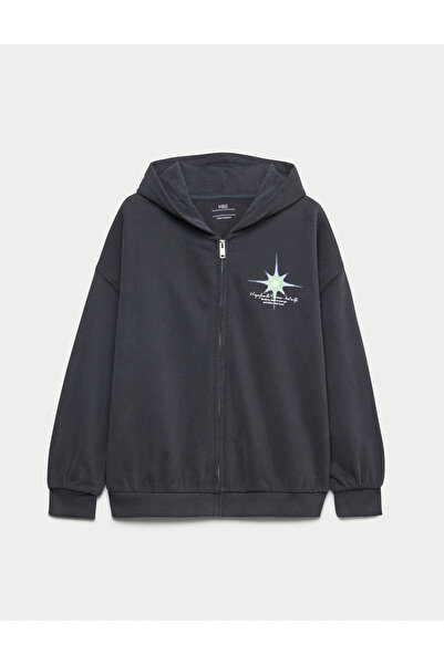 Marks & Spencer Pamuk Karışımlı Grafik Baskılı Fermuarlı Kapüşonlu Üst (6-16 ...