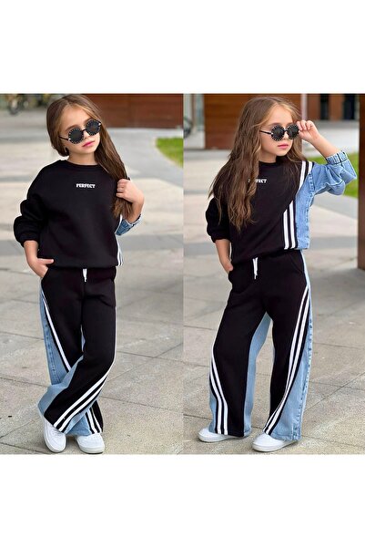 Calisa Girl's Jeans Paneled Striped Trousers Sweat 2-Piece Set