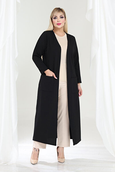 MELSAY Women's Black Textured Knitted Fabric Plus Size Long Cardigan