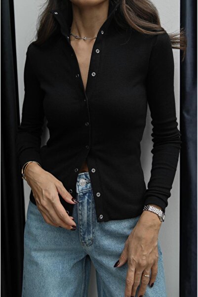 Havoş Black Long Sleeve Blouse with Snap Buttons on the Front