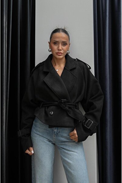 Havoş Siyah Linda Kuşaklı Süet Trençkot