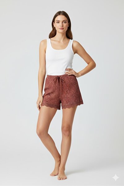 Royaleks Group Solid Color Mini Floral Pattern Combed Cotton Women's Home Shorts Leg Lace Detailed Home Wear Taba