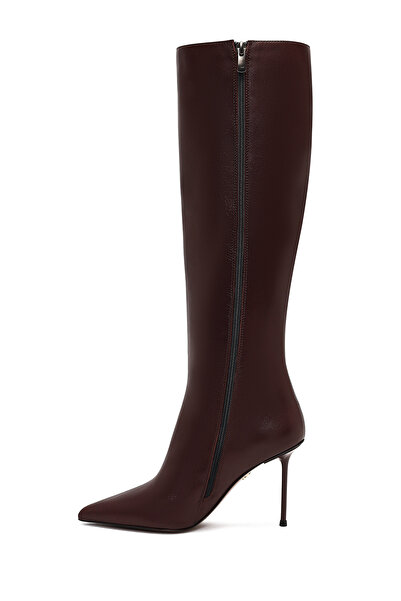 Derimod Women's Burgundy Zippered High Thin Heeled Leather Boots 25Wfd101618