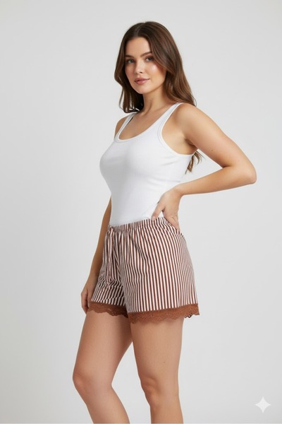 Royaleks Group Striped Combed Cotton Women's Home Shorts Leg Lace Detailed Home Wear Brown