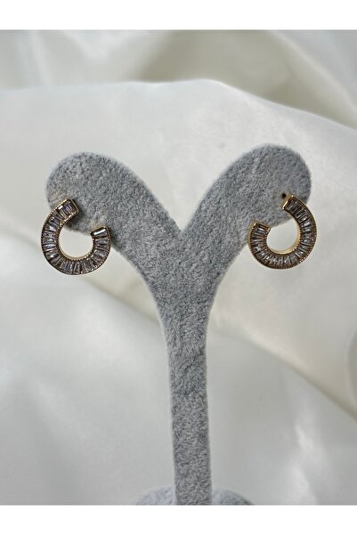 Uzak Işıklar Steel Earrings Oval Zircon Stone Dangling Gold