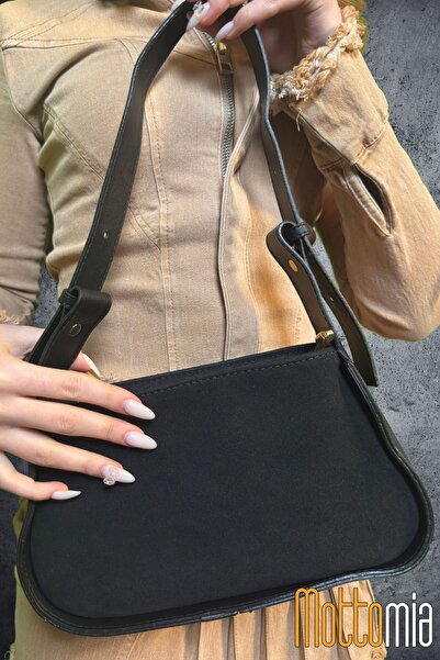 mottomia Siyah Deri Askılı Süet Görünümlü Kadın Omuz Baget Çantası – Şık Mini Bag