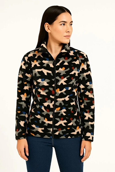 hibiscus Women's Full Zip Patterned Fleece Sweatshirt – Black Multicolor Figure Pattern Collar, Long Sleeve, Oversized