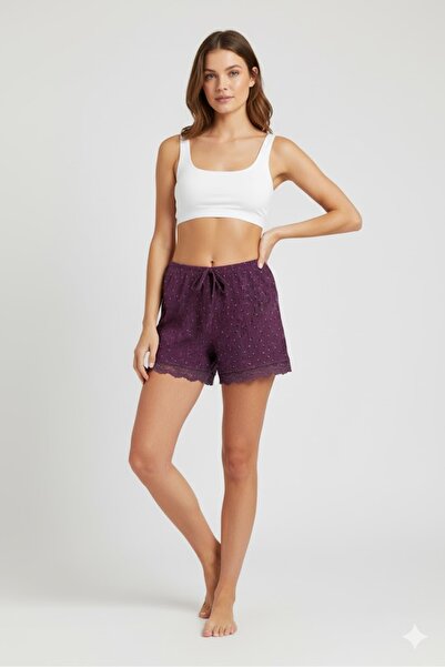 Litae Solid Color Mini Floral Pattern Combed Cotton Women's Home Shorts Leg Lace Detail Home Wear Dusty Rose