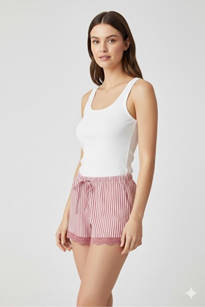 Litae Striped Combed Cotton Women's Home Shorts Leg Lace Detailed Home Wear Fuchsia