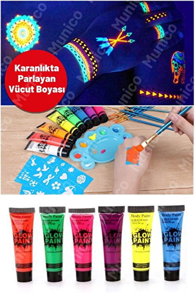 Munico Glow Yüz Boyası Seti – 25 gr Tüp, 6 Farklı Neon Renk | Karanlıkta Parl...
