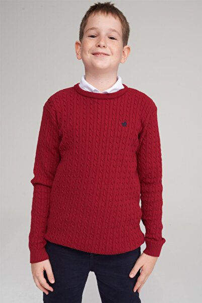 Çetinkaya Chester Polo 28039 Unisex Çocuk Bisiklet Yaka Kotonit Saç Örgü Triko Kazak 4-12 Yaş Bordo