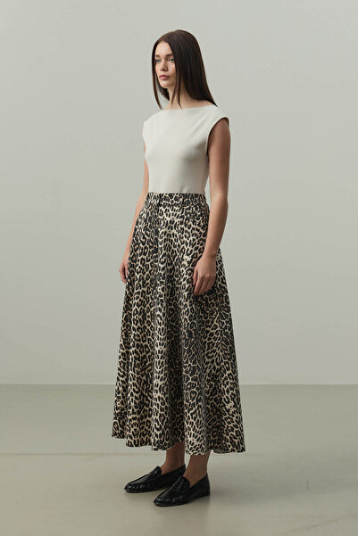 Fahhar High Waist Jean Flared Skirt Leopard