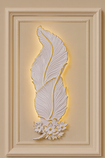Tasarım Dekoratif Çiçekli Yaprak Aplik – Beyaz Altın Detaylı (62x22 cm)Pilli