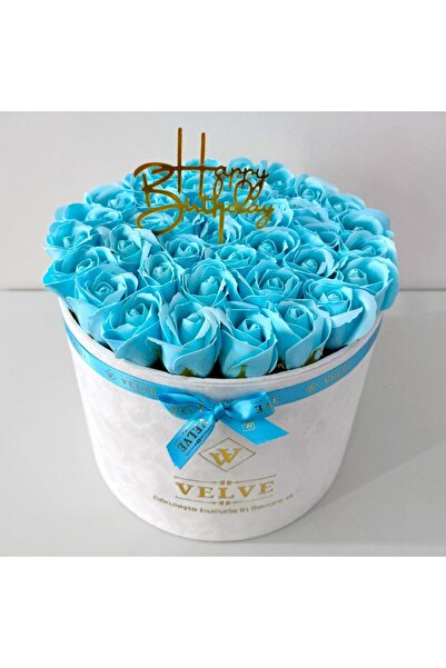 velve Aranjament Floral Majestic Albastru deschis,trandafiri sapun,cutie alba catifea,mesaj Happy Birthday