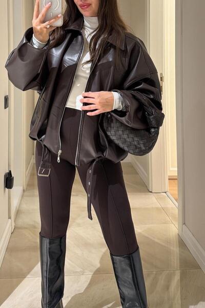 Jaglion Luvren Чорна модна oversize-куртка-бомбер з ременем зі шкіри